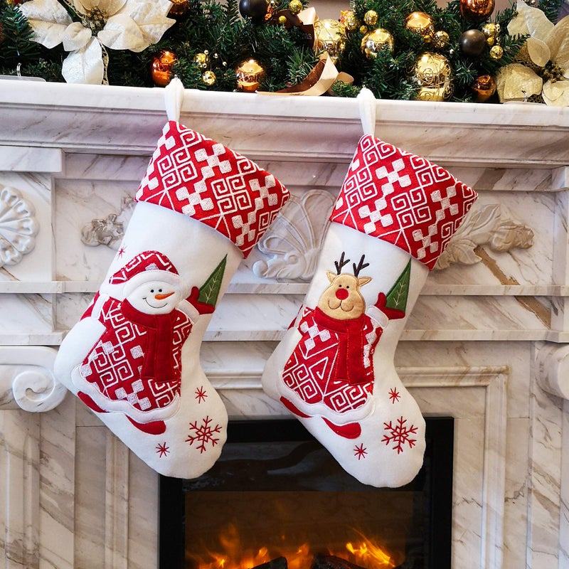WEWILL Classic Christmas Stockings Set of 2 Elk, Snowman Xmas Character 17 inch Christmas Decorations Gift for Family Kids (Style 4) - Image 1